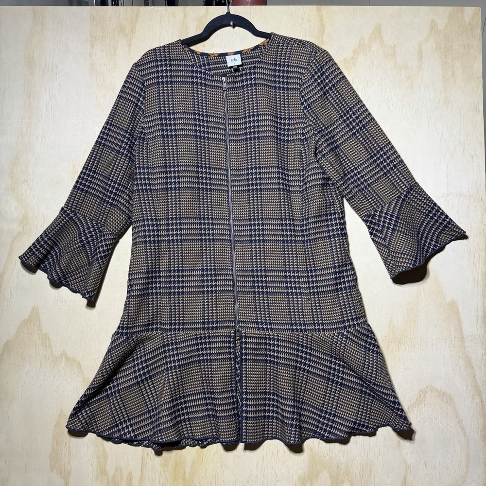 CAbi Plaid Zip Front Peplum Jacket Womens Large Bell Sleeve Career Blazer